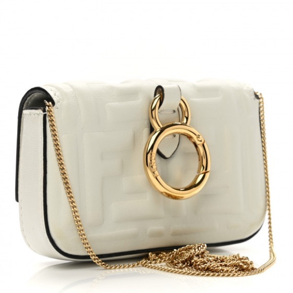 FENDI FF Embossed Monogram Nano Baguette Napa Matisse gold cream chain - Picture 11 of 13